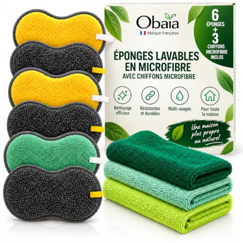 Eponge reutilisable Lavable 6 pcs + 3 Chiffon Microfibre Cadeau ! Vitre Voiture Entretien de la Maison Eponges/lavettes reutilisables lavables pour Vaisselle Éponge réutilisable éponges Zero dechet