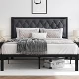 HISOFT Full Bed Frame with Upholstered Button Tufted Headboard, Bed Frame Platform Metal Slats Support, Under Bed Storage, No Box Spring Needed, Noise-Free, Easy Assembly, Grey