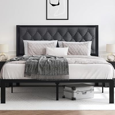 HISOFT Full Bed Frame with Upholstered Button Tufted Headboard, Bed Frame Platform Metal Slats Support, Under Bed Storage, No Box Spring Needed, Noise-Free, Easy Assembly, Grey