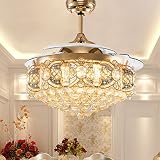 MORE CHANGE Crystal Fandelier Ceiling Fan with Light, Modern Retractable Crystal Chandeliers Ceiling Fan, Chandelier Fan with 3 Color Change for Dining Room Bedroom (Rose Gold)