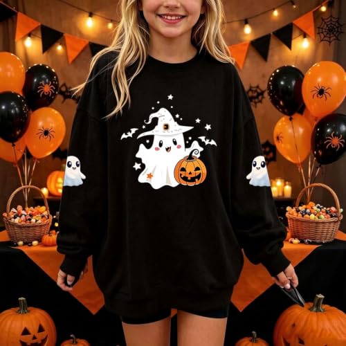 Girls Pink Ghost Witch Hat Pumpkin Halloween Crewneck Sweatshirt Pullover - image 2