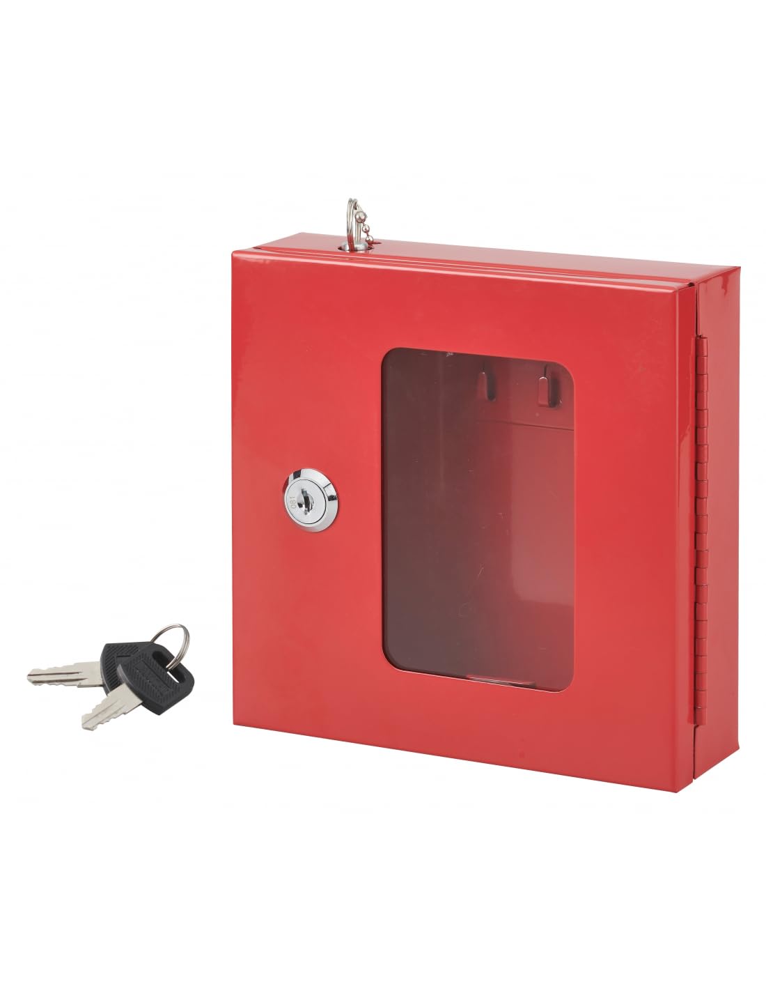 THIRARD - Boîte à Clés Vitrée Murale - Acier - Usage Intérieure - Vitre Interchangeable - Fermeture à Clé - Chainette Avec Marteau Brise Glace, 3 Crochets, 2 Clés Incluses - 170 x 175 x 55 mm - Rouge
