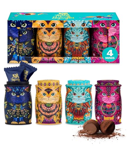 Monty Bojangles Kit-Tins Schokoladentrüffel (4 x 36g) Truffle Pralinen mit Kakao bestäubt Pralinen, Schokolade Sammlerdose mit Katzen-Design, Geschenkset mit vier Geschmacksrichtungen