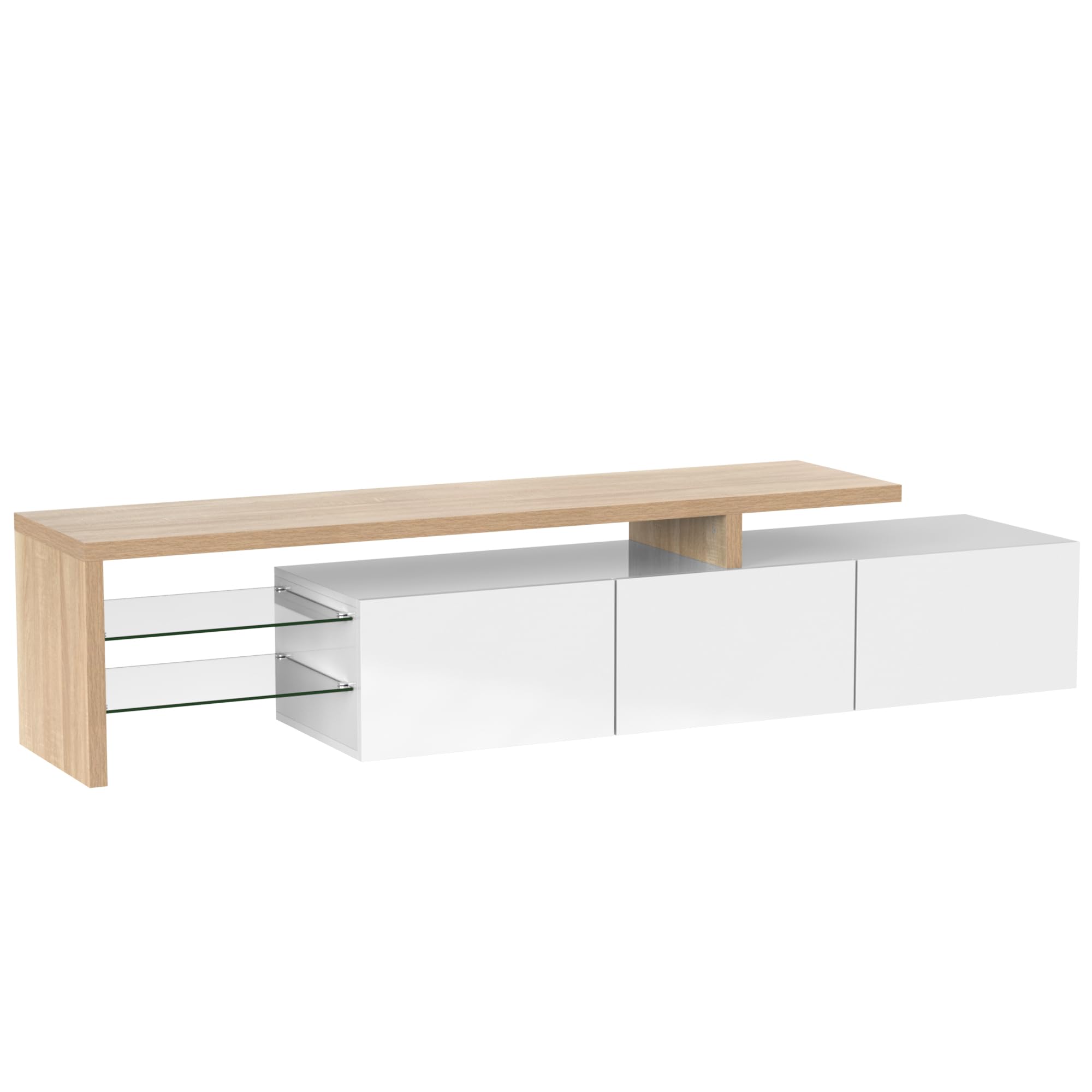 Azkoeesy 200 cm Mobile TV con illuminazione a LED, Bianco lucido, con ripiani in vetro, moderno mobile TV basso per soggiorno (Bianco 200 cm)