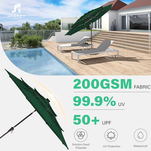 Image of JEAREY 3 Tiers Patio Umbrella with Solar Lights 9ft Outdoor Market Table Umbrellas with Push Button Tilt for Outside Pool Garden, Dark Green