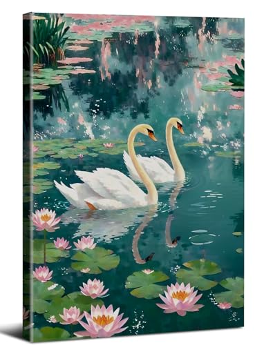 Impressionist Swan Lake Wall Art, Monet Style Water Lilies & Swans Canvas Print, Framed Romantic Nature Wall Decor for Living Room Bedroom, Ready to Hang 12x16 Inch
