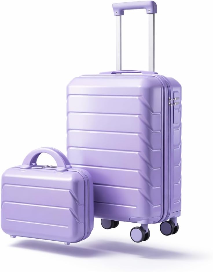 Gradient Color Suitcase 2-Piece Set, 20" Rotating Wheel Suitcase with 14" Cosmetic Case, Lightweight Durable Hardshell Luggage with 360° Spinner Wheels for Travel, Women & Girls (Purple)