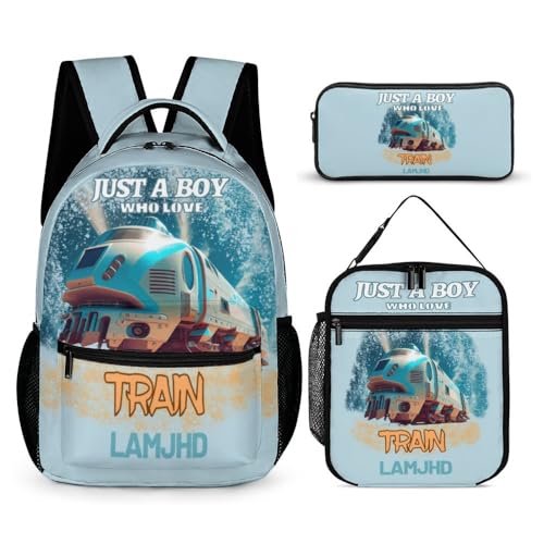 3Pcs Set Train Backpack,Personalized Canvas Train Print Backpack Large Capacity Laptop Backpack with Name