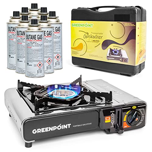 Greenpoint Gaskocher (Edelstahl) + 8 Gaskartuschen - Campingkocher Ink.Tragekoffer mit 8 Gaskartusche, Gaskocher mit Kartusche, Campingkocher mit Gaskartusche Camping Gas Stove