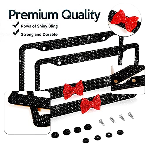 2 Pack Bling License Plate Frame，Handcrafted Bling Rhinestone Premium Stainless Steel License Plate Frame，14 Facets Clear Color Rhinestone Crystal (Black&Red-Bow) #TOP1