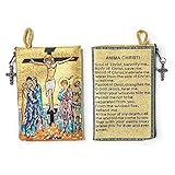 Catholic Rosary Pouch, Crucifixion & Anima Christi Soul of Christ Prayer, 4' x 6' Jewelry & Coin Purse with Cross, Small Woven Tapestry Icon Bag, Bolsa de Rosario Católico para Joyería