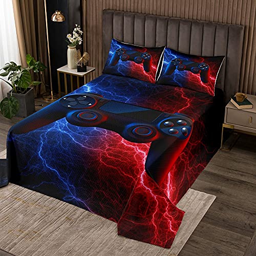 Review Discount Erosebridal Gamer Gaming Bedspread Set King Size,Lightnings Gamepad Coverlet Set,Video Games Bedding Set for Kid Teens Boys Man,Retro Game Machine Bedroom Decor 3 Pcs Bedspread Set,Red Blue