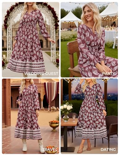 GRACE KARIN Women Fall Wedding Guest Dresses 2025 Floral Long Sleeve Maxi Dress Boho V Neck Empire Waist Dress2