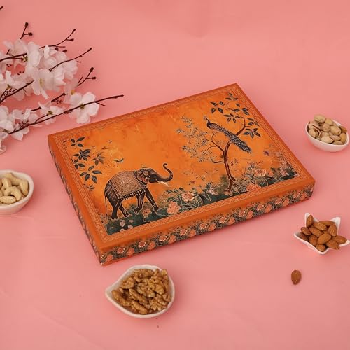 Image of Riwaz Premium EL Orange Designer Dry Fruit Gift Box | 6 Partition Assorted Almonds, Cashews, Pistachios, Walnuts, Raisins & Apricots | Luxury Festive Hamper for Diwali, Wedding & Corporate Gifting