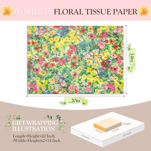 Image of Simetufy Vintage Floral Tissue Paper for Gift Bags, 60 Sheets 14 x 20 Inches Decorative Flower Tissue Paper, Oil Painting Wildflower Greenery Botanical Printed for Wedding Birthday Gift Wrapping