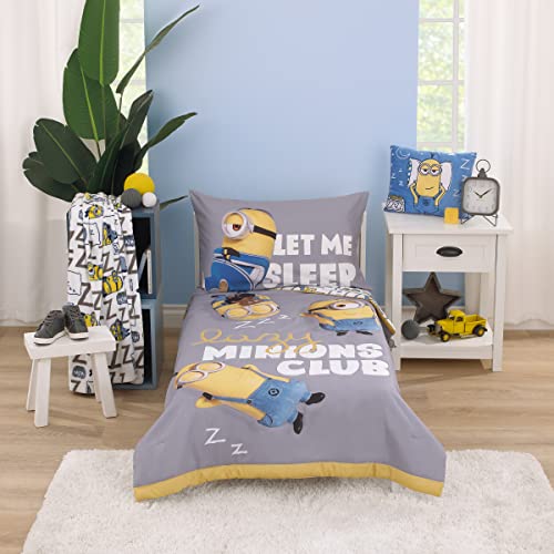 Illimuniation Lazy Minions Club Gray, Blue, Yellow, and White Let Me Sleep 4 Piece Toddler Bed Set - Comforter, Fitted Bottom Sheet, Flat Top Sheet, and Reversible Pillowcase