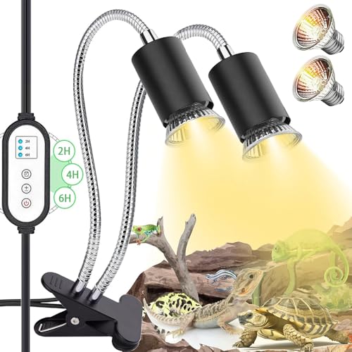 TOPRUNYI Reptilien Wärmelampe, 2x50W UVB/UVA Wärmelampe mit Timer, für Reptilien, Schildkröten, Vögel, Chamäleon