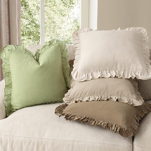 Image of Foindtower Set of 2 Decorative Linen Fringe Ruffle Throw Pillow Covers Soft Boho Farmhouse Cushion Cover Cozy Accent Retro Pillowcase for Couch Sofa Bed Living Room Home Decor,22x22 Inch,Light Green