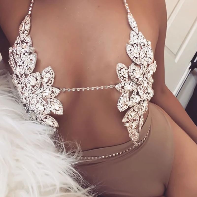 Graeen Crystal Bra Chains Rhinestone Bra Top Flower Chest Chain Silver Body Chain Nightclub Body Jewelry for Women (A) - Image 8