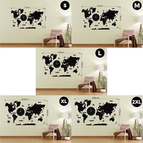 Image of rawpockets - 3D Wooden World Map With Clock Wall Decor | Wall Art, Wall Hangings & Gift | Travel Map | Living Room & Bedroom Wall | Working Space - Black Wood Color - Medium Size (140 X 85 CM)