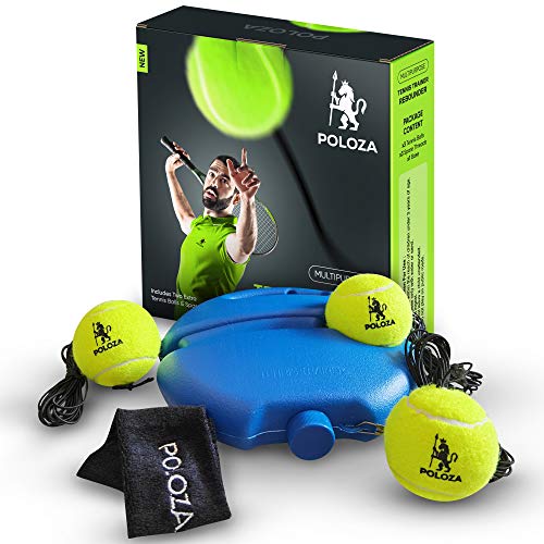 POLOZA Professional Tennis Trainer – Tennis Trainer Rebound Ball – Tennis Equipment for Self-Practice – Portable Tennis Practice Rebounder – Solo Tennis Trainer with Long Ropes and Tennis Headband