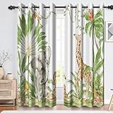 Renaiss African Tropical Animals Blackout Curtains for Bedroom Jungle Forest Palm Tree Safari Wildlife Animal Elephant Giraffe Thermal Insulated Window Drapes Room Decor 2 Panels Set, 42x63 Inch