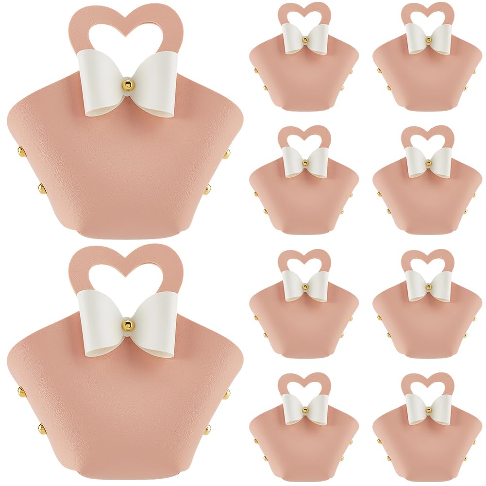 CALFOVERA 10 Sets Mini PU Leather Purse Gift Bags Pink Leather Bow Party Favor Boxes Reusable Candy Wrapping Treat Handbags with Heart Shape Handle for Birthday Wedding Halloween Christmas Party
