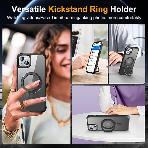 Image of Compatible with iPhone 14 Plus Case with Stand 6.7 inch,Black | Matte Translucent Phone Case for iPhone 14 Plus,360 Magnetic Ring Stand,Compatible Mag-Safe,Military Grade Protection