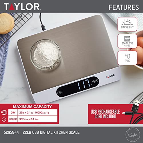 Taylor 22Lb High Capacity Kitchen Food Scale With Stainless Steel Surface, Backlit Display, And Usb Recharging Cord Included, White #TOP1