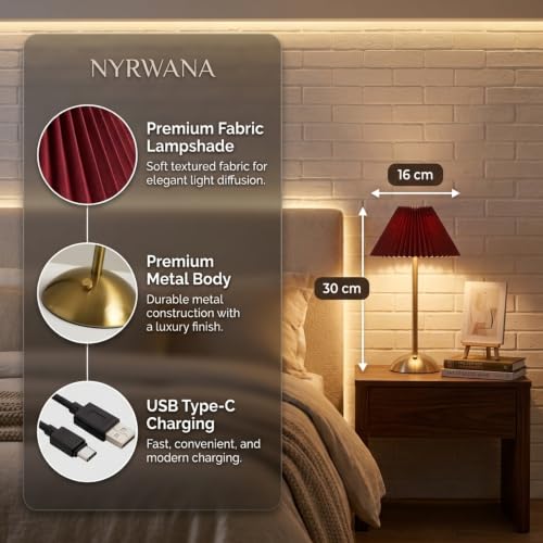 Image of NYRWANA Cordless Table Lamp Metal | 2000mAh Battery | Home Decor, Desk Lamps for Bedroom, Living Room, Study Room, Stepless Dimming, 3 Colour Touch Control, USB-C Charging (Red)