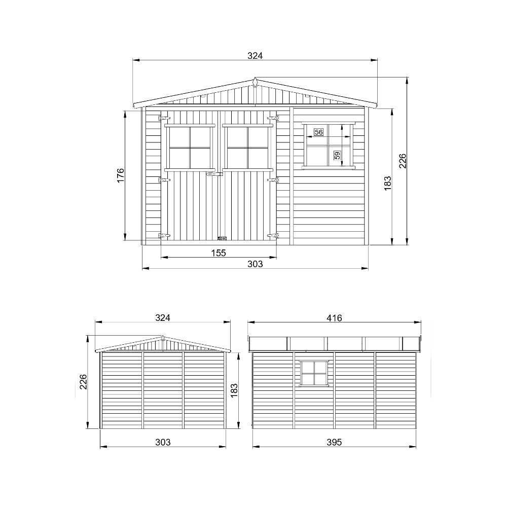Gartenhaus Holz MIT IMPRÄGNIERTEM Boden - Geräteschuppen mit Fenstern - H226x418x320 cm/12 m² Naturholz-Shiplap-Schuppen - Gerätehaus - Fahrradschuppen - TIMBELA M336+336G