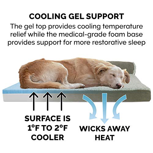 Image of Furhaven Cooling Gel Dog Bed for Medium /Small Dogs w / Removable Bolsters & Washable Cover, For Dogs Up to 35 lbs - Two-Tone Plush Faux Fur & Suede L Shaped Chaise - Dark Sage, Medium