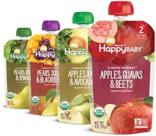 Happy Baby Organics Stage 2 Baby Food Pouches, Gluten Free, Vegan & Healthy Snack, Clearly Crafted Fruit & Veggie Puree, Fruit & Veggie Variety Pack, 4 Ounces (Pack of 16)
