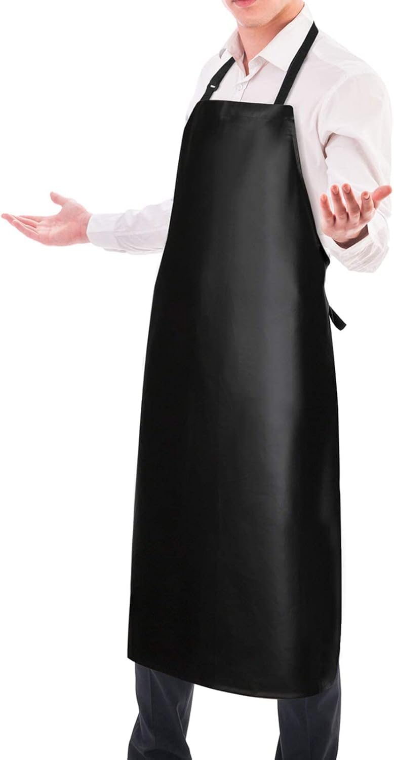Gotega 1 Pack Waterproof Rubber Vinyl Apron, 40 Inch Heavy Duty Chemical Resistant Lab Apron Butcher Adjustable Bib for Dishwashing Kitchen Cooking Drawing Black
