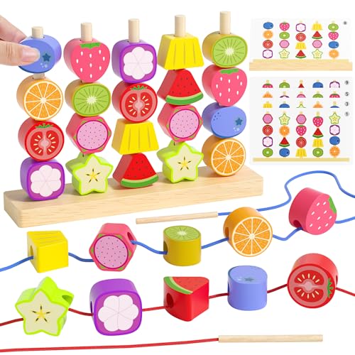 Montessori Spielzeug ab 3 4 5 Jahre, Fädelspiel Steckspiel Motorikspielzeug für Kinder, Bauklötze Holz mit Sortierspiel Kinderspiele, Kinderspielzeug Holzspielzeug Geschenk für Baby Jungen Mädchen