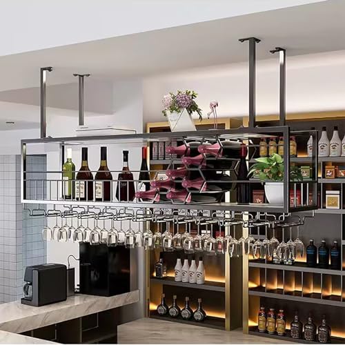 Support de vin suspendu avec support de verre et étagère de présentation pour bouteilles d'alcool - 4