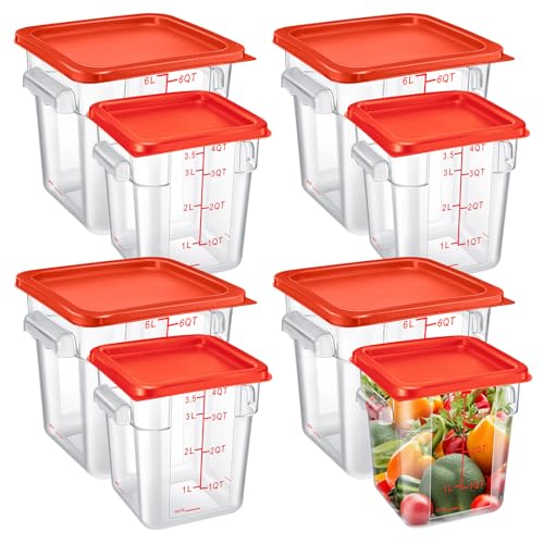 Suclain 8 Pack 4 QT and 6 QT Food Storage Containers with Lids Scales Handles Square Clear Restaurant Food Storage Containers Polycarbonate Commercial Grade for Kitchen Marinating Meat Dough(Red)
