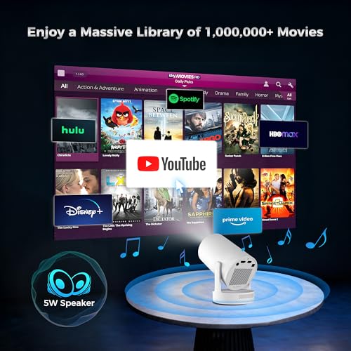 Image of Mini Projector with WiFi 6 and Bluetooth 5.4, Android 14 Smart Projector with Electric Focus, 180 Rotatable Stand, HD Portable Movie Projector for Bedroom, Home and Outdoor Use