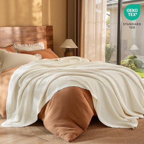 Image of PHF Stone Washed 100% Cotton Waffle Blanket, Vintage Deep Honeycomb Texture, Breathable Thermal Blanket for Bed & Home Decor, All Season Layering - King, Undyed /Raw