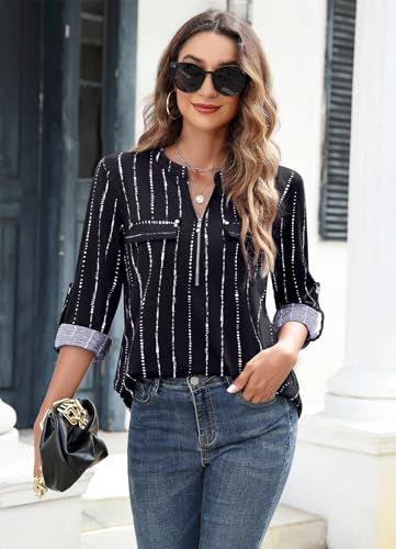 Image of Bulotus 3 /4 Length Sleeve Womens Striped Tops Zipper V Neck Collared Blouses Business Casual Tunics 2026 Spring Trendy