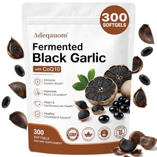 Adeqauom Fermented Black Garlic Extract Odorless with CoQ10 Ubiquinol & Vitamin K2 - 300 Softgels, 5-Month Supply for Heart and Immune Support