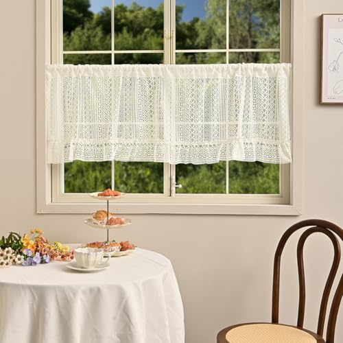Image of Lace Short Curtain 150x60cm, Semi Sheer Cafe Curtain Kitchen Window Valance, Light Filtering Kitchen Curtains for Small Windows