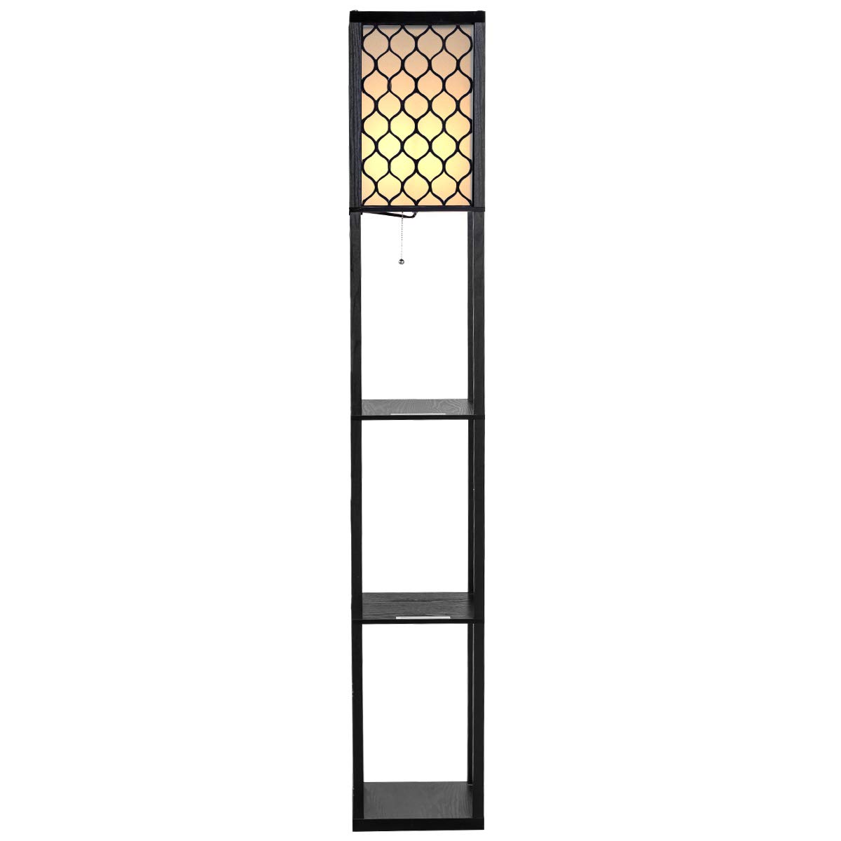 COSTWAY Stehlampe Wohnzimmer 160cm, E27, Max. 40W, 3 Ebenen Stehleuchte mit Zugkette, Standleuchte Holz, Holzregal Innenbeleuchtung für Wohnzimmer & Schlafzimmer, Schwarzes
