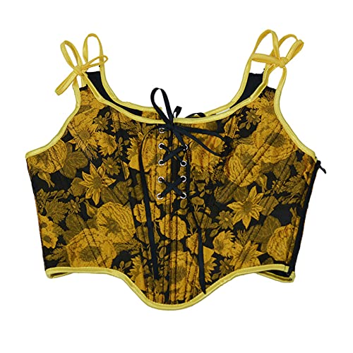 WPOUMV Women's Corset Steampunk Gothic Steel Boned Bustiers Vest Jacquard Lace Up Overbust Corsets Waist Training Bodice 15-yellow - Image 6