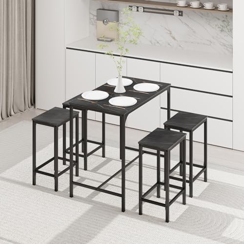 ReseeZac Bar Tisch Mit 4 Stühlen, Küche Esszimmer Set, Für Wohnzimmer Taverne, Schwarzes Marmor Muster, Tisch 100x60x90CM, Barhocker 30x40x65CM