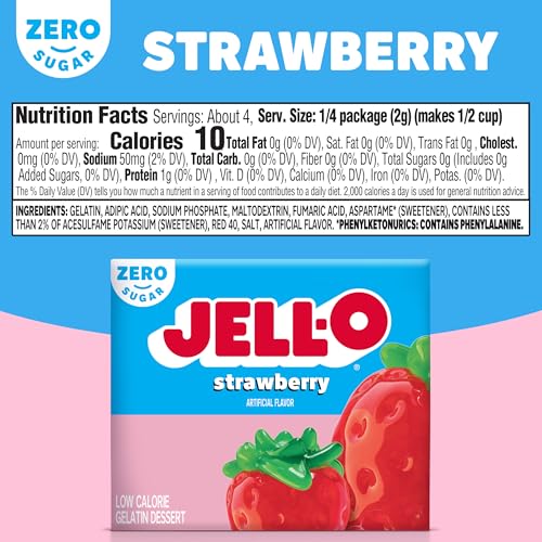 Image of Jell-O Zero Sugar Gelatin Dessert Mix, Strawberry Flavor, Low Calorie Classic Fruit Gelatin for Snacks, Desserts & Party Recipes, 0.30 oz (Pack of 24)