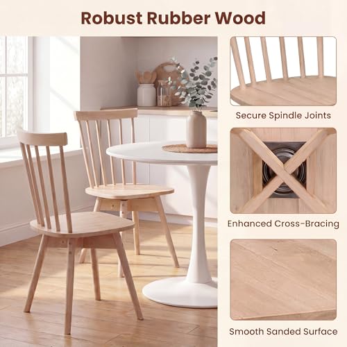 Image of COSTWAY Swivel Windsor Dining Chairs Set of 2, Farmhouse Solid Rubber Wood Kitchen Side Chair w /Curved Spindle Back, Armless Accent Chairs for Home, Dining Room, Living Room, Restaurant (Natural)