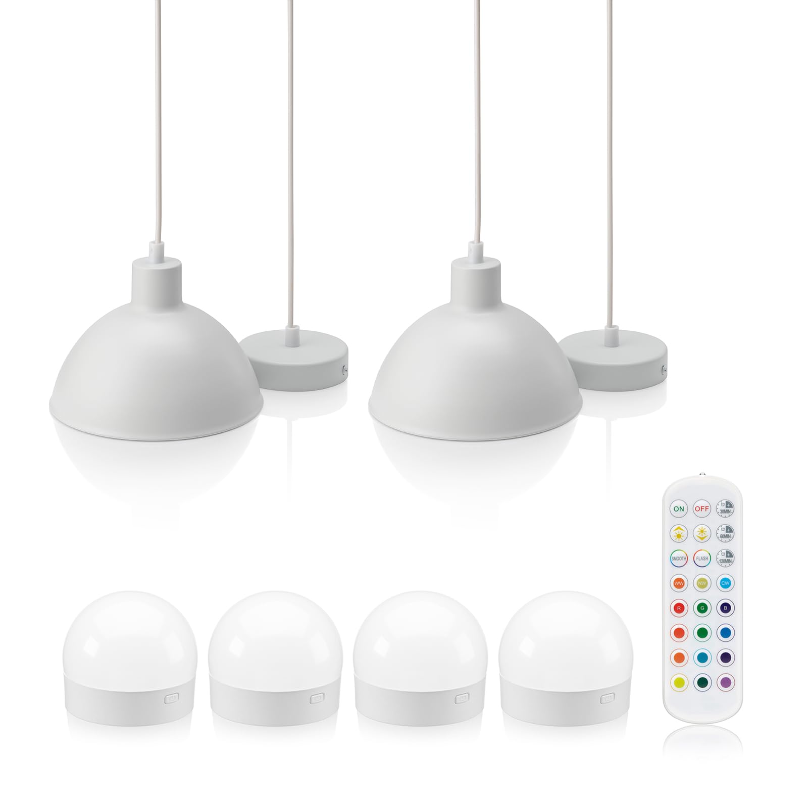 Auraglow Rechargeable Wireless Pendant Light with Remote – Cordless, Battery-Powered, Dimmable, Colour-Changing (White, 2 Lamps, 4 Light Sources, 1 Remote)