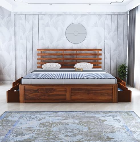 Image of Ganpati Arts Solid Sheesham Wood King Size Strap Bed with 4 Drawers Storage for Bedroom | Wooden Double Bed Cot Palang Furniture for Living Room Home and Hotel - (Honey Finish) 1 Year Warranty