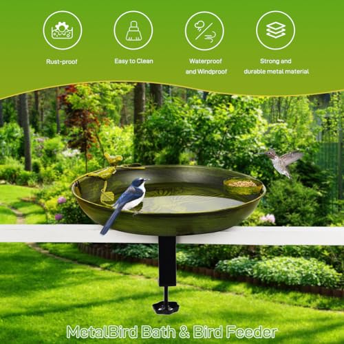 Qipade Tigela alimentadora de banho de pássaros montada em deck de 33 cm, banho de pássaro de metal